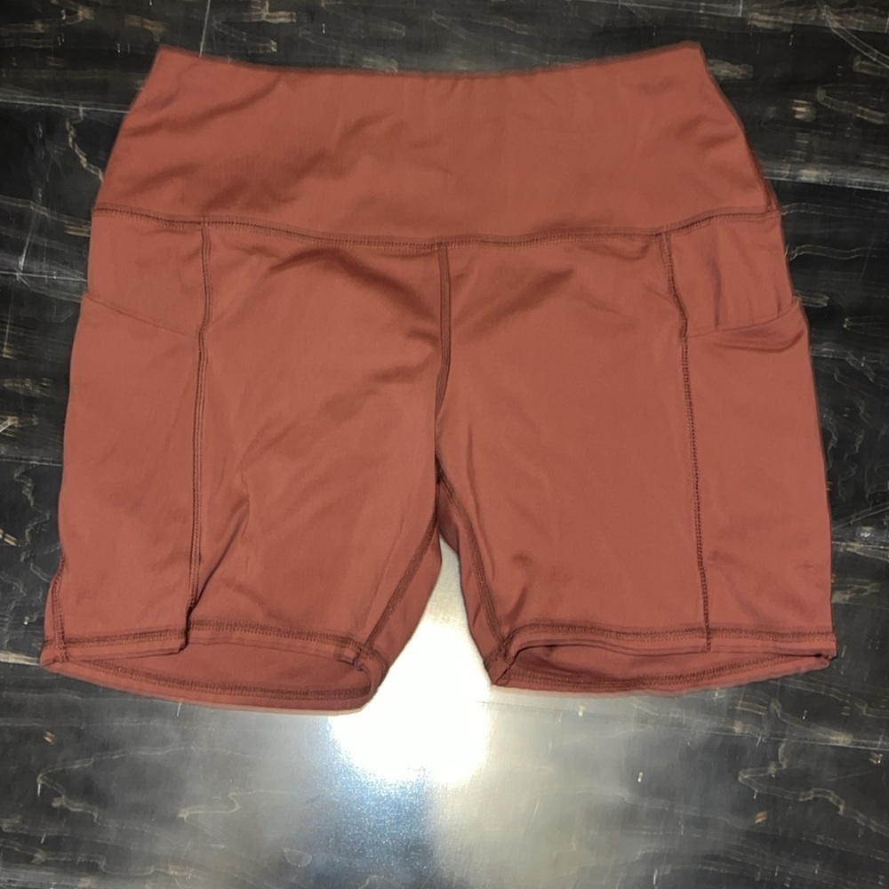 Oalka Women's Shorts Side Pockets High Waist Workout spandex Shorts Brown Large - Picture 5 of 11
